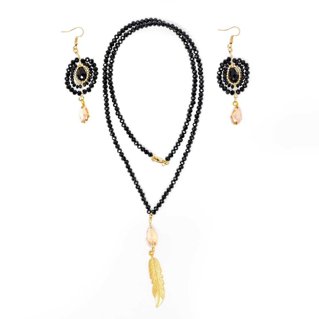 The Seven Day Semanario 14K Gold Crystal Necklace and Earings Set in BLACK