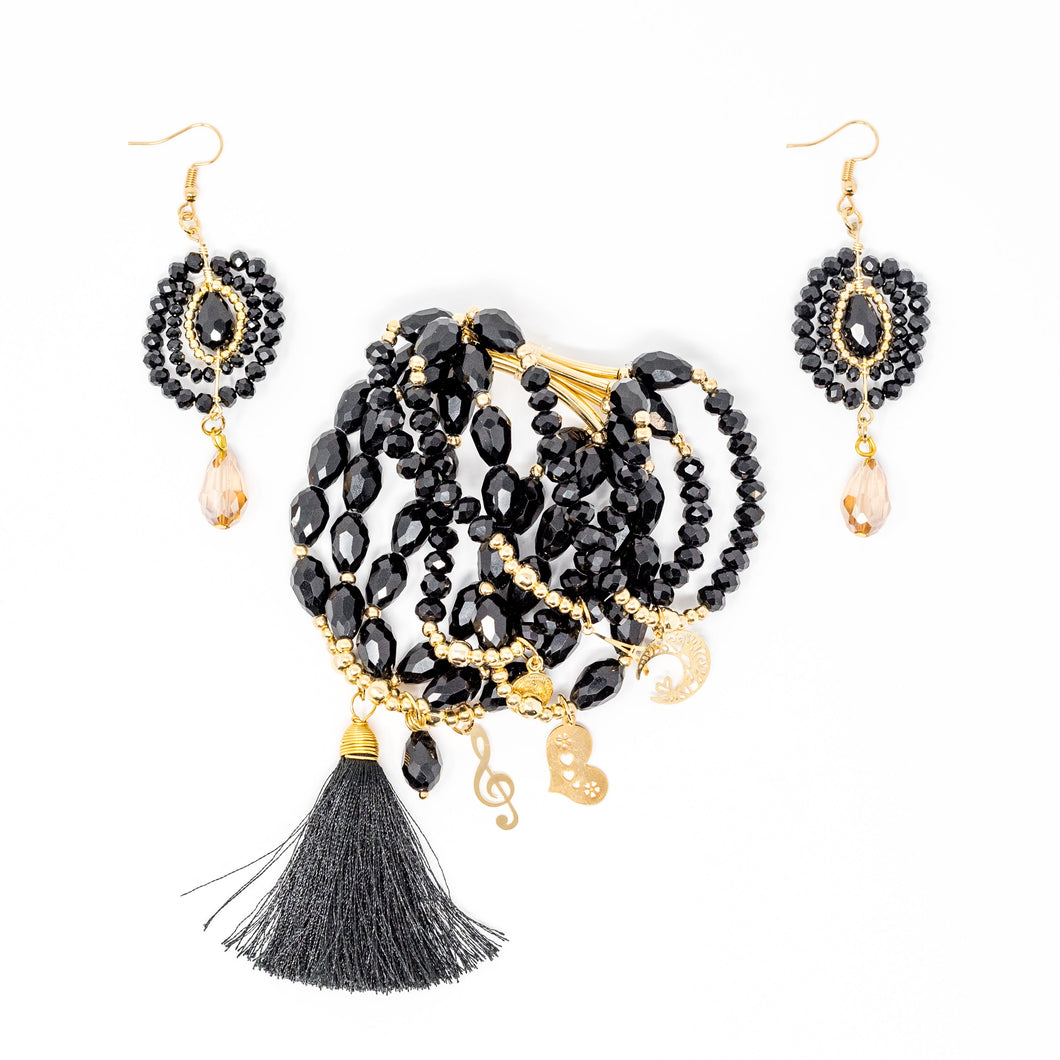 The Seven Day Semanario 14K Gold Crystal Bracelet and Earings Set in BLACK